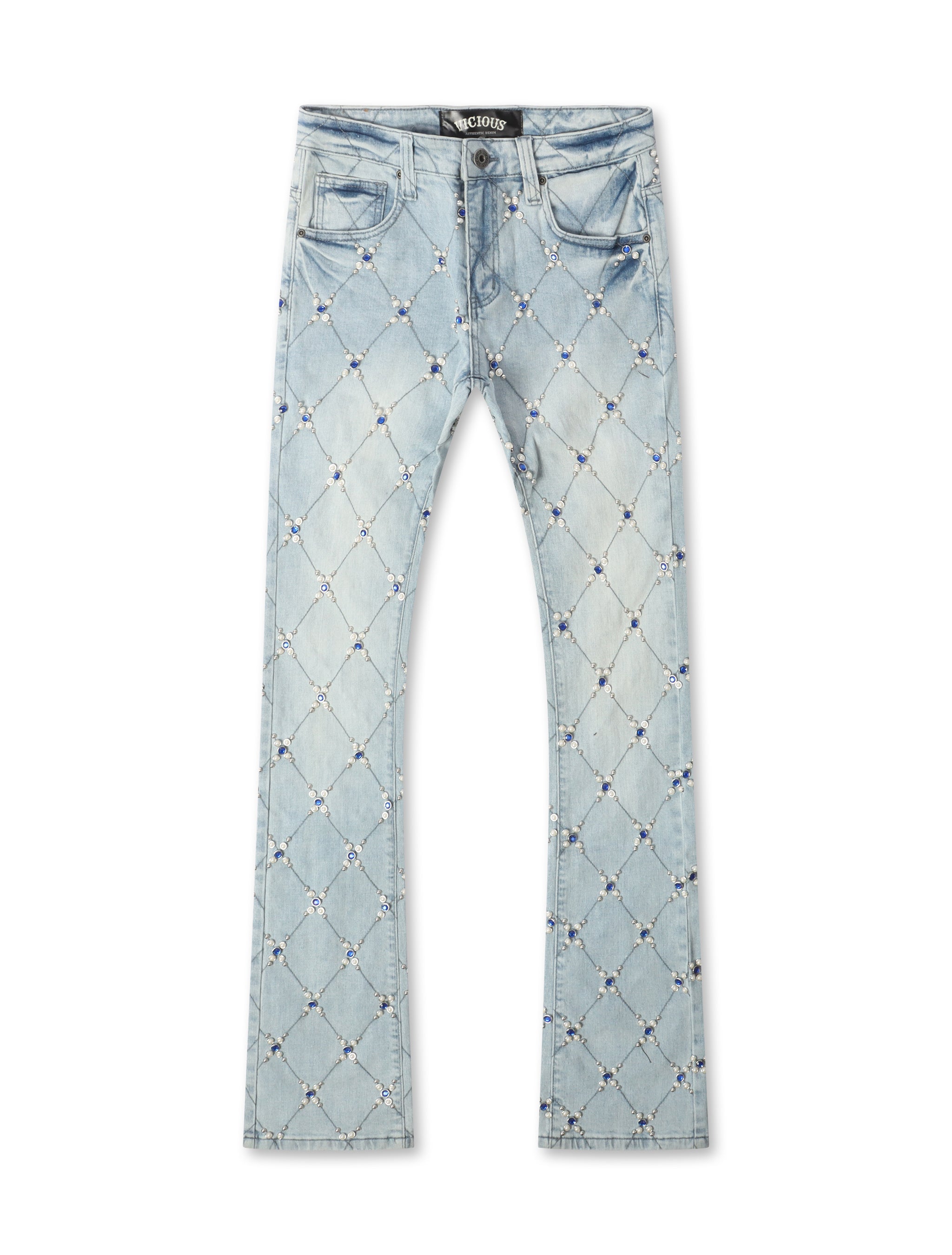 Vicious Denim Diamond Rhinestone Stacked Jeans - Light Blue