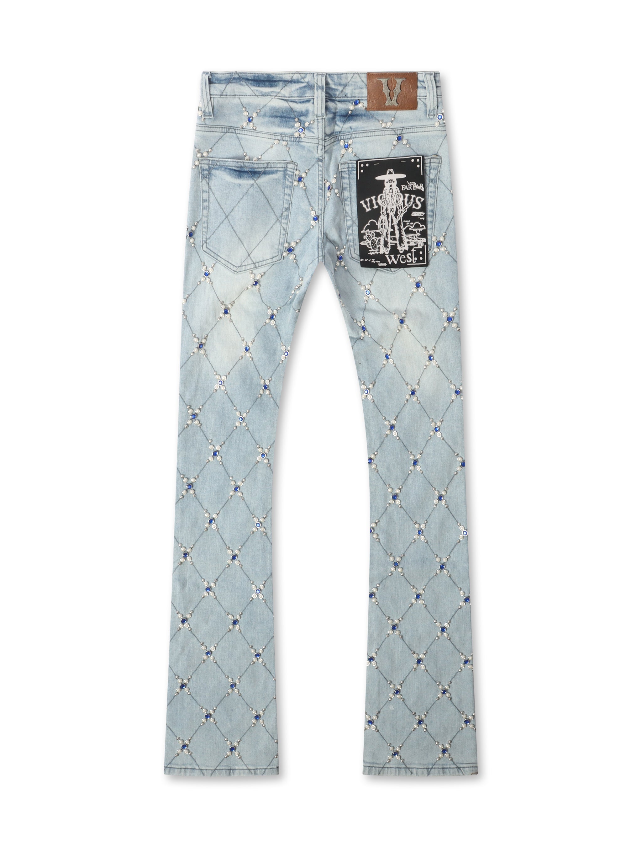 Vicious Denim Diamond Rhinestone Stacked Jeans - Light Blue