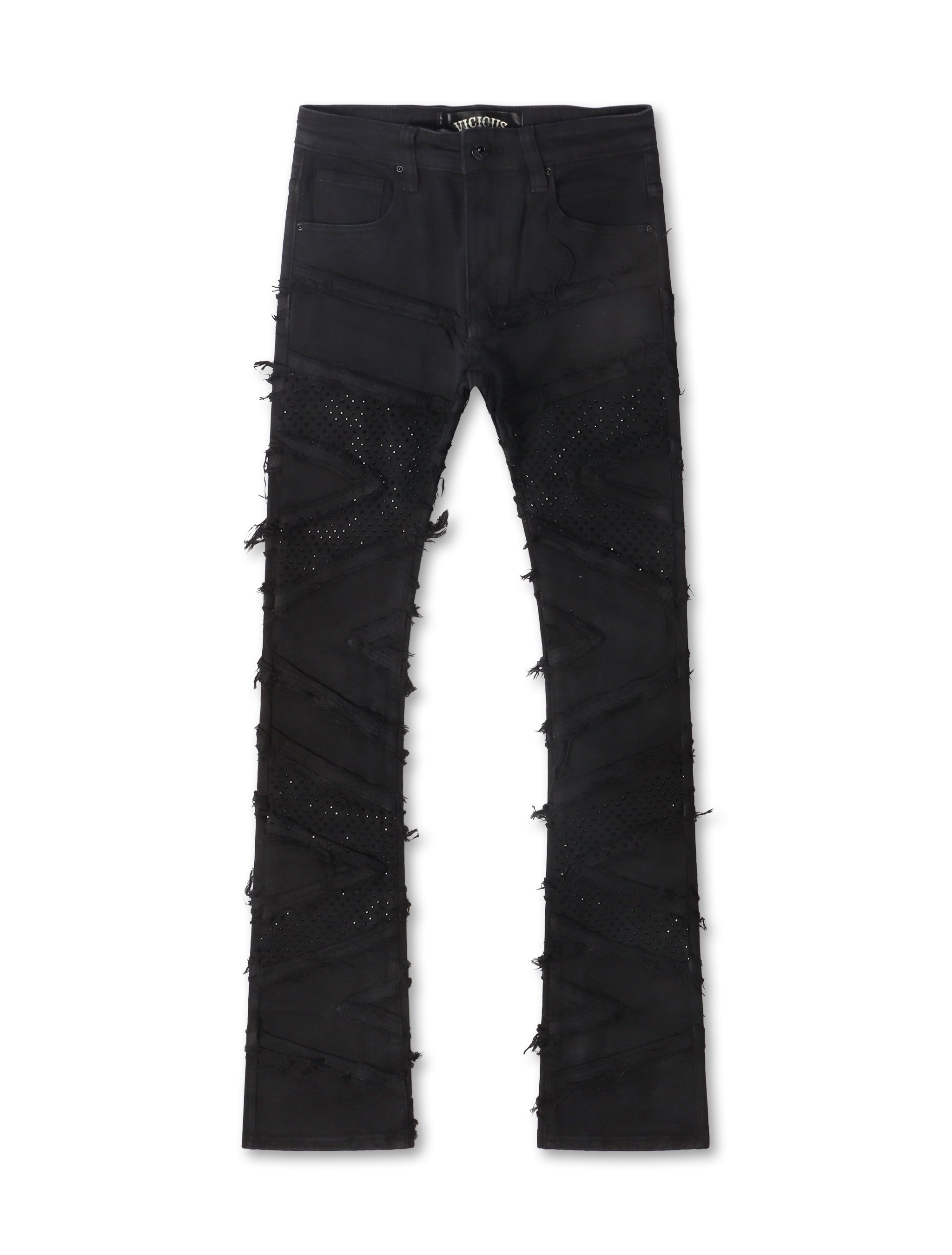 Vicious Denim Ripped Rhinestone Stacked Jeans - Black