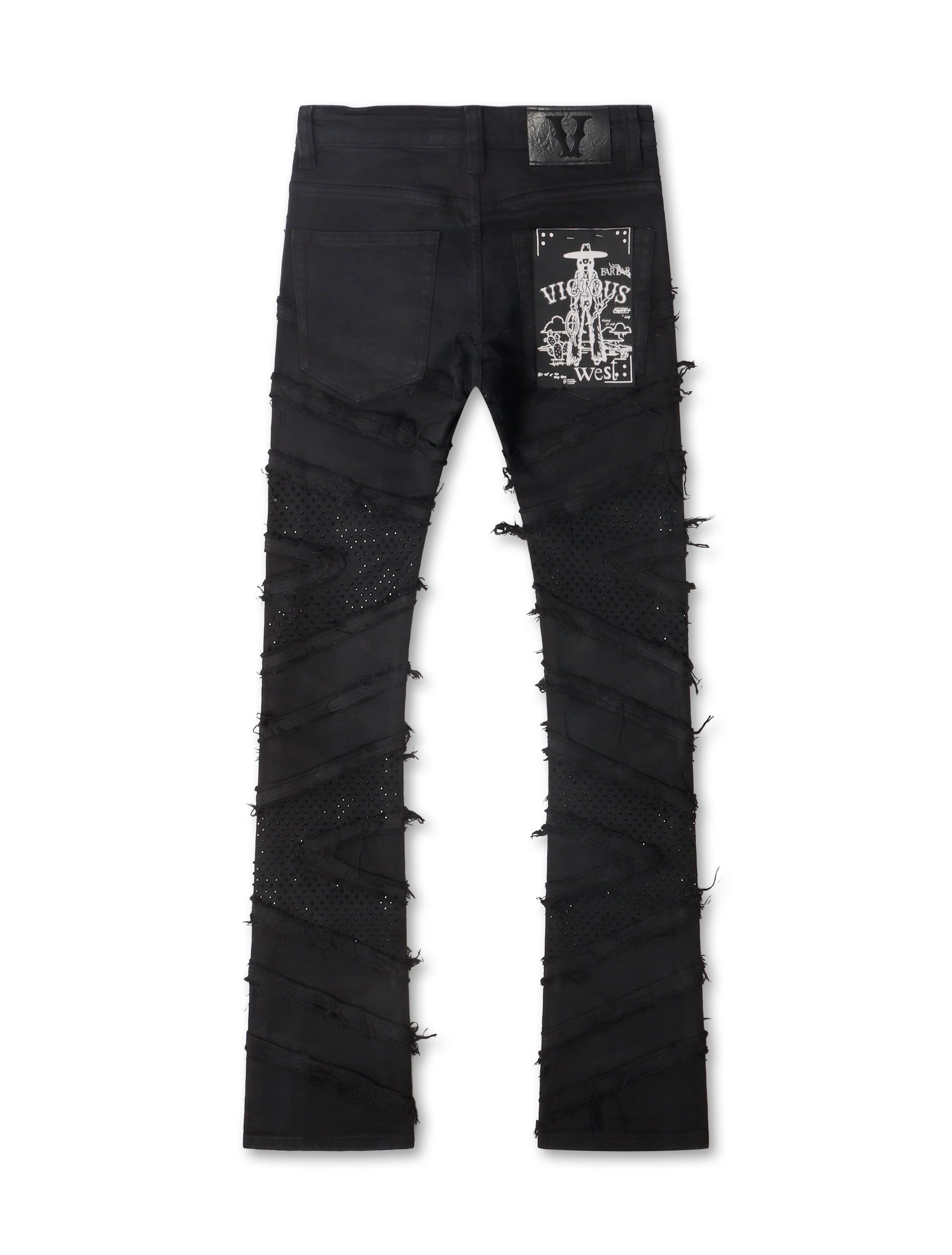 Vicious Denim Ripped Rhinestone Stacked Jeans - Black